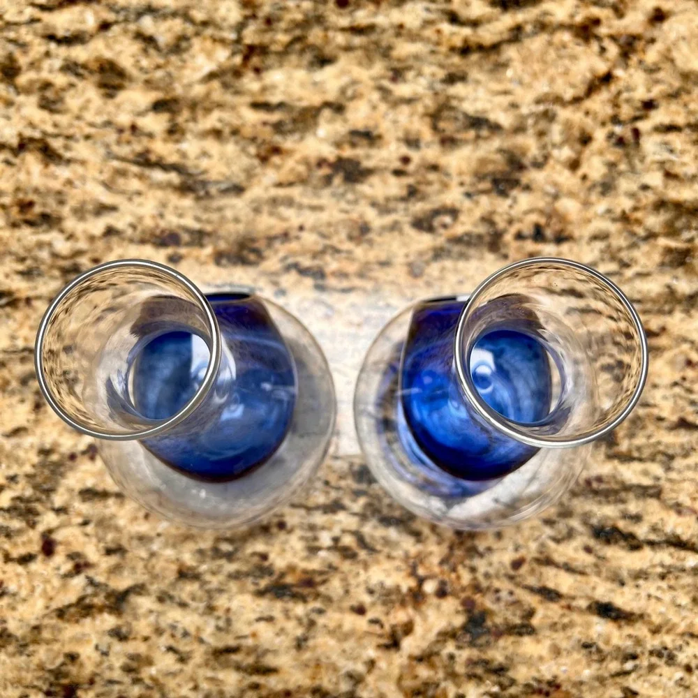 Pair of Hand Blown Glass Japanese Sake Carafes with Cobalt Blue Ice Pockets 6.5